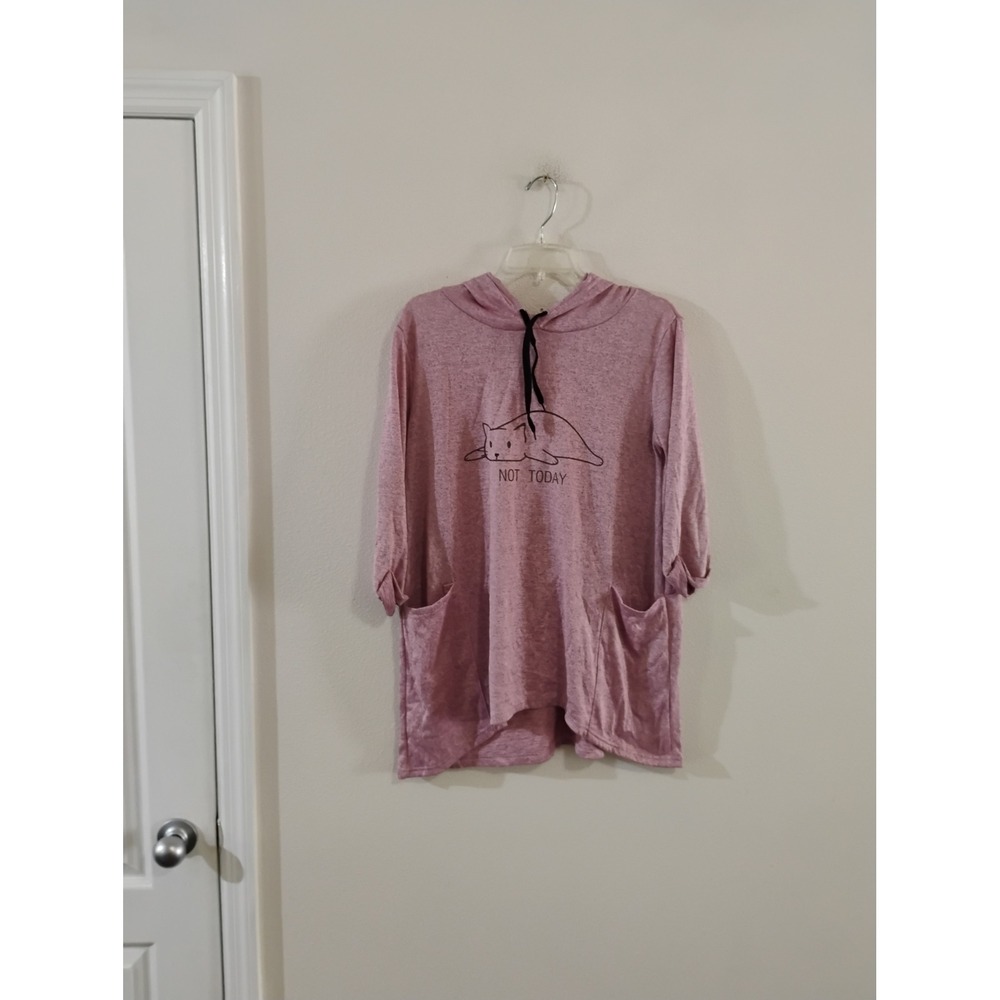 Not Today Sleeping Cat Graphic Hoodie Tunic Pink Heathered 3/4 Sleeve Large
